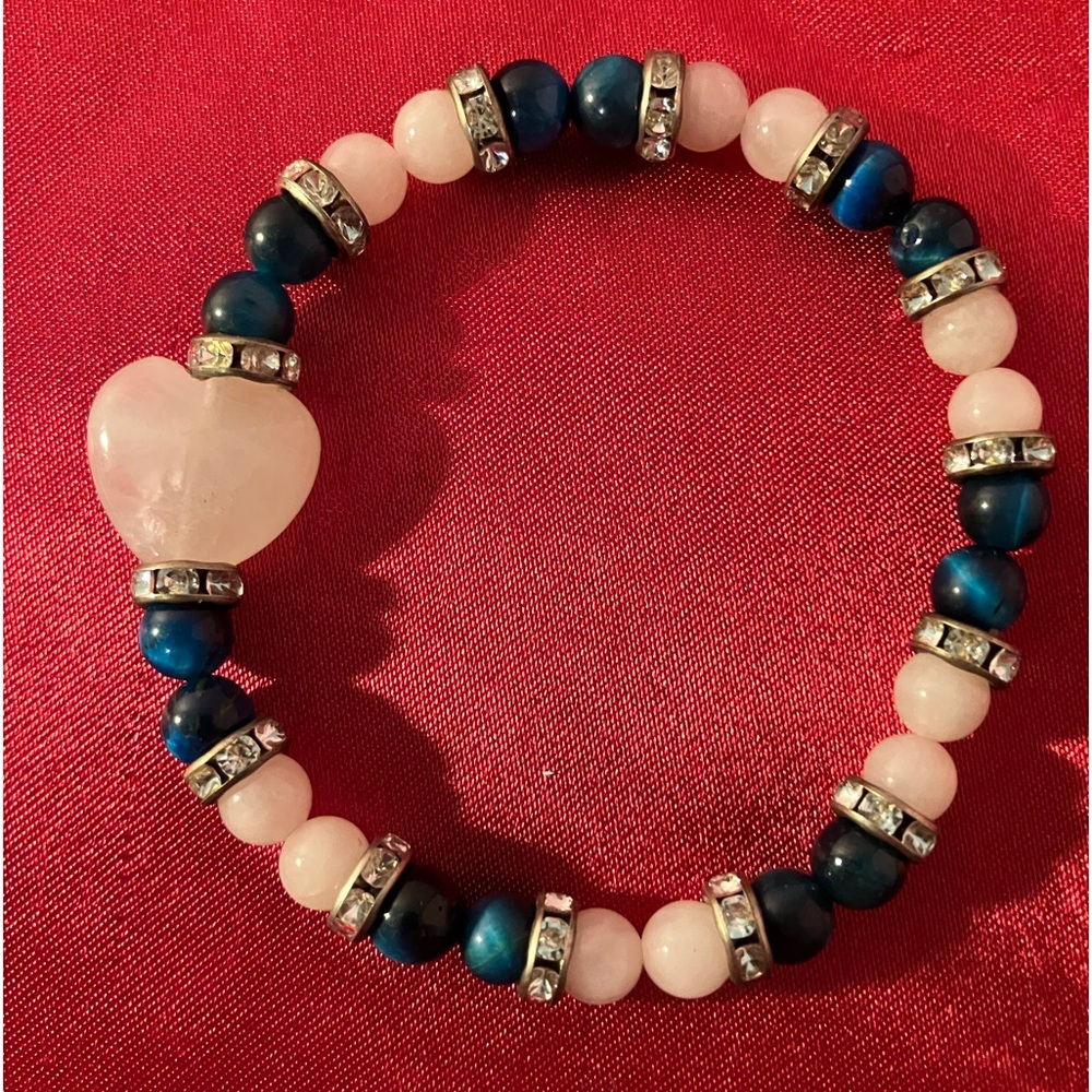Bracelet blue agate / blue tigers eye rose quartz heart